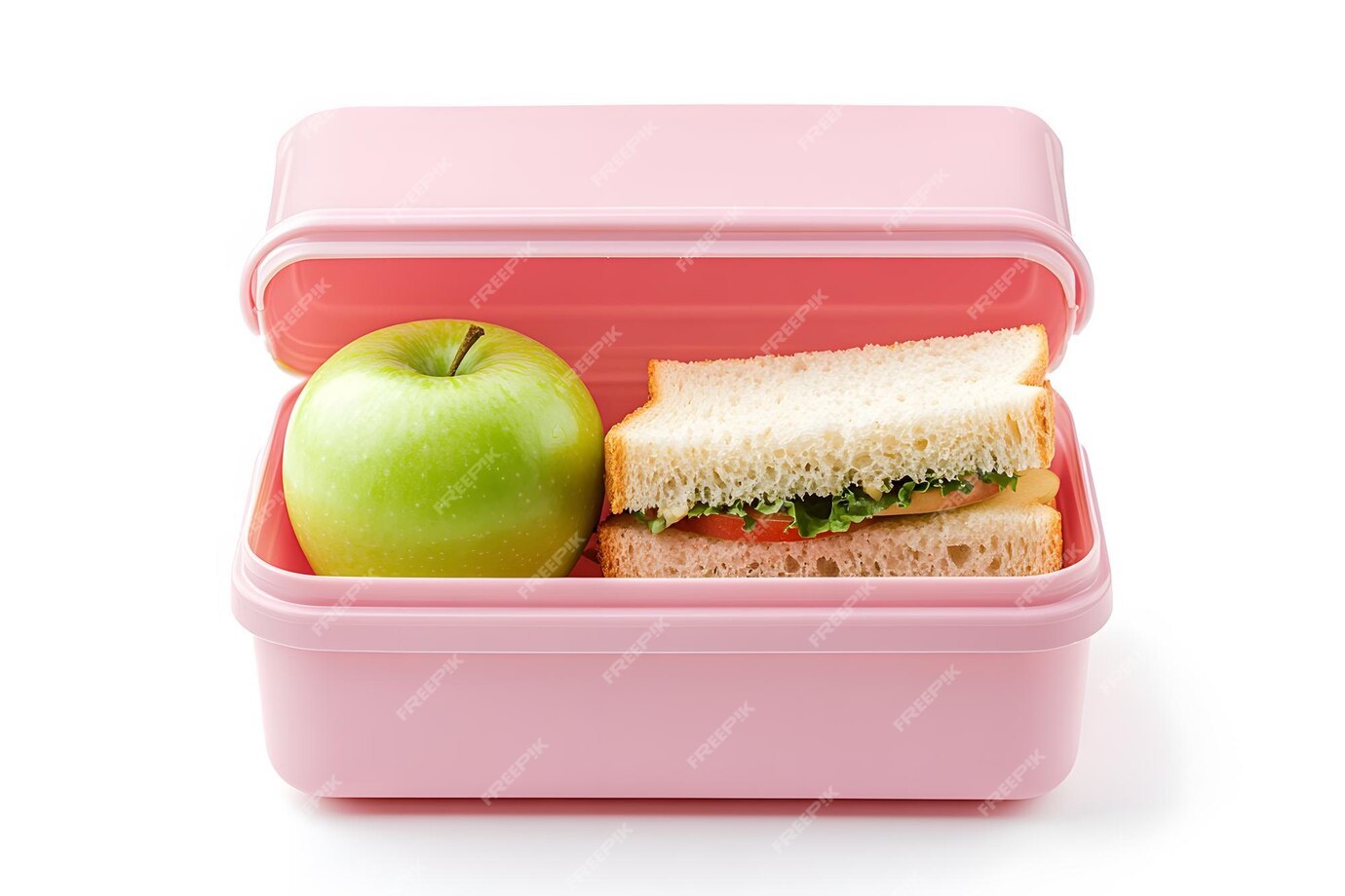 Pink container with sandwich green apple it 979520 153357